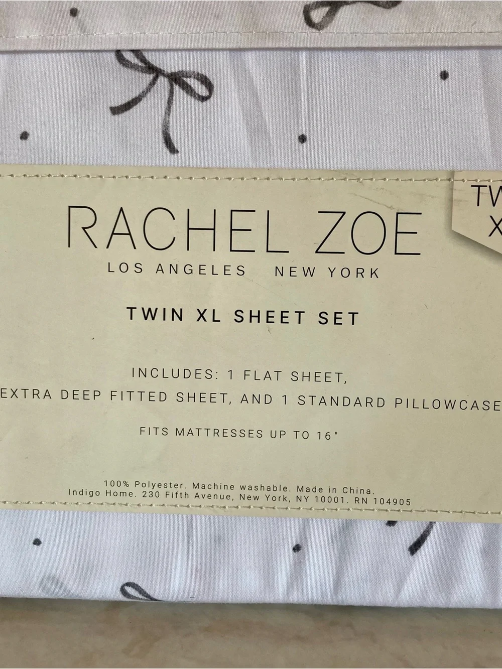 DORM READY! NEW Rachel Zoe Twin XL Sheet Set in White with Black Bow/Dot Print